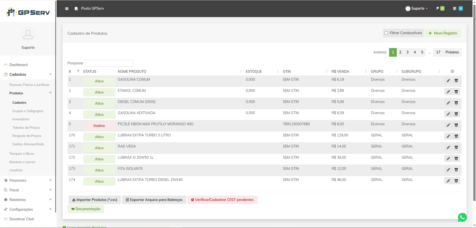 Tela do Cadastro de Produtos