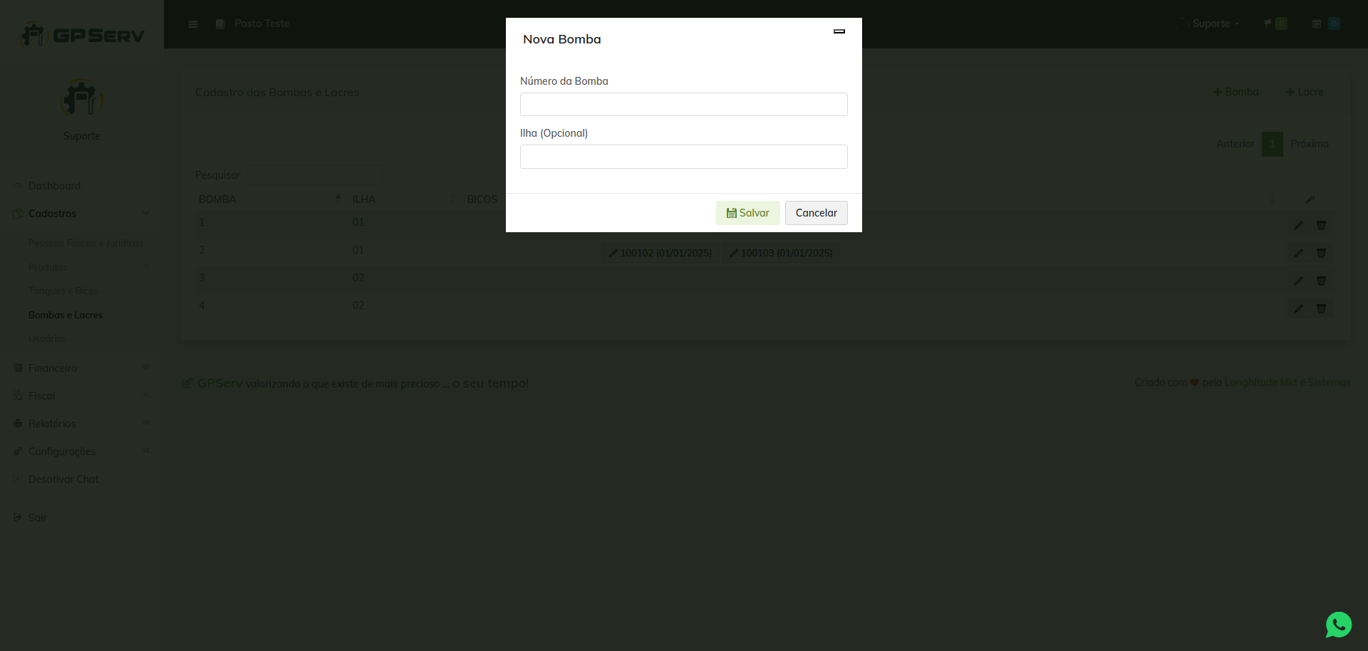 Exemplo da tela para cadastrar uma nova bomba