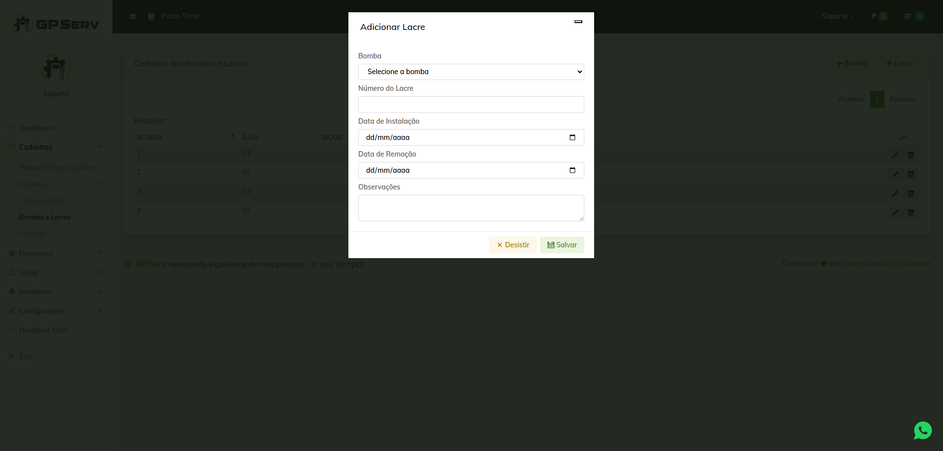 Exemplo da tela para cadastrar um novo lacre